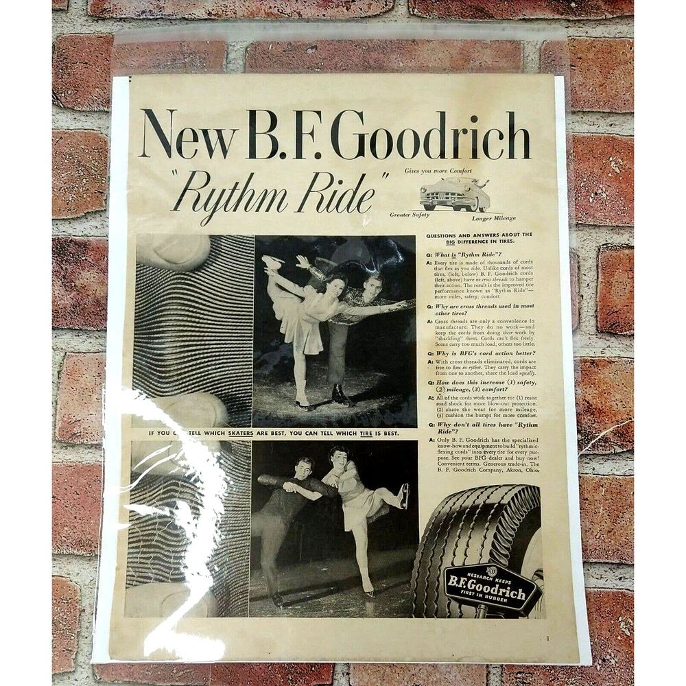 BF Goodrich Tires - Ice Skaters -‎ Rythm Ride - 1950 Original Retro Vtg PRINT AD